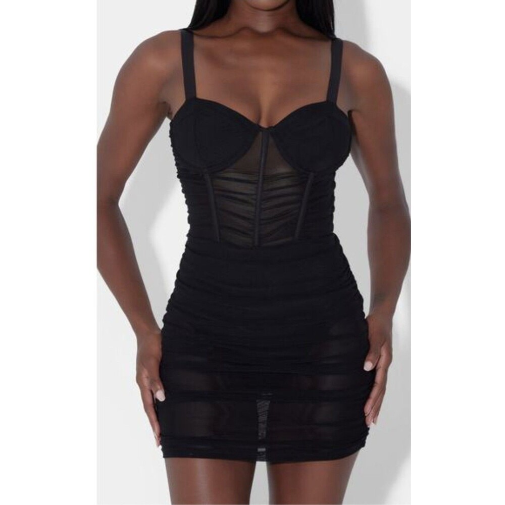 LEAU Miami Dress Womens Medium Black Ruched Mesh Corset Bustier Bodycon Mini